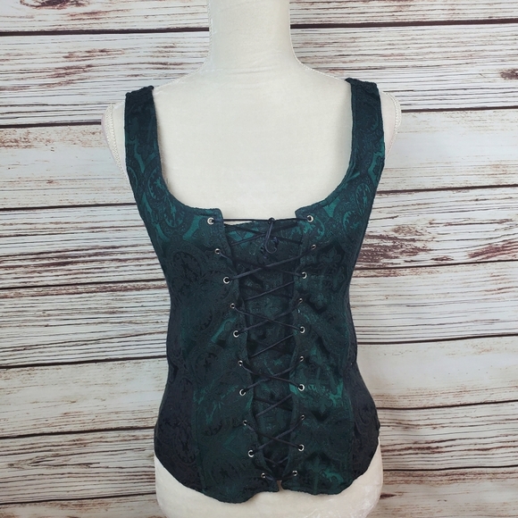 Morbid Threads Med Vtg Y2K Green/Black Brocade Corset Top & Maxi Skirt 2-pc Set - Picture 2 of 16